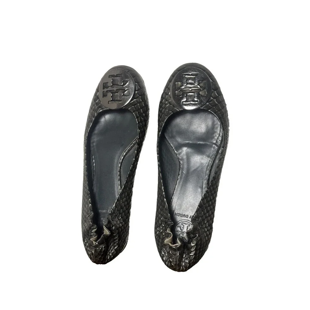 Tory Burch Reva Ballet Flats Snake Embossed Leather Gray 8.5 M Women's Shoes